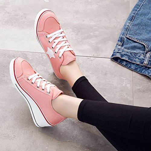 mewow Womens Casual Plus Size Low Top Wedge Heel Star Canvas Shoes Fashion Sneaker (10, Pink Large Star) - Thumbnail 4