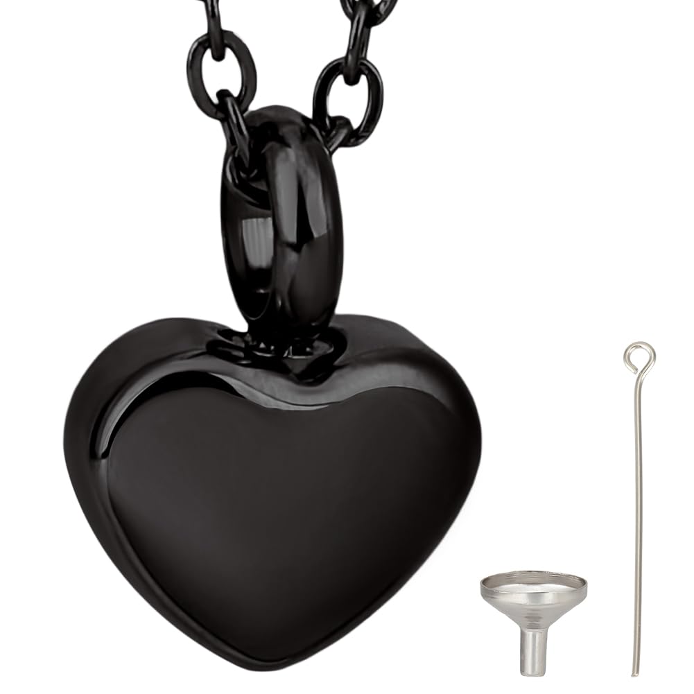 CREATCABIN Heart Cremation Urn Necklace for Ashes Keepsake Cremation Jewelry Mini Black Urn Necklace Stainless Steel Memorial Pendant with Cable Chain Funnel Pin Waterproof for Human Pet 21Inch