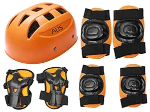 Alis Kid's PVC Plastic 4 in 1 Injury Resistance Protective Gear Youth Knee Pads, Elbow Guard, Pair of Gloves, Helmet Safety Gears Set Combo for Roller Skates, Cycling, Biking, Sports (Orange)