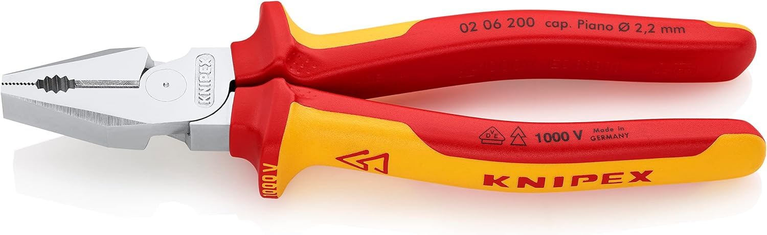 KNIPEX High Leverage Combination Pliers Chrome-Plated Insulated with Multi-Component Grips, VDE-Tested 200 mm, 02 06 200