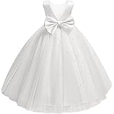 Dypaha Flower Girl Dress for Wedding Pearls Tulle Dresses Kids Princess First Communion Pageant Party Satin Bowknot Gowns