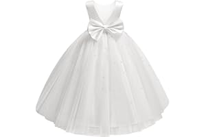 Dypaha Flower Girl Dress for Wedding Pearls Tulle Dress Kids Princess Communion Pageant Ankle Length Dresses with Bow-Knot