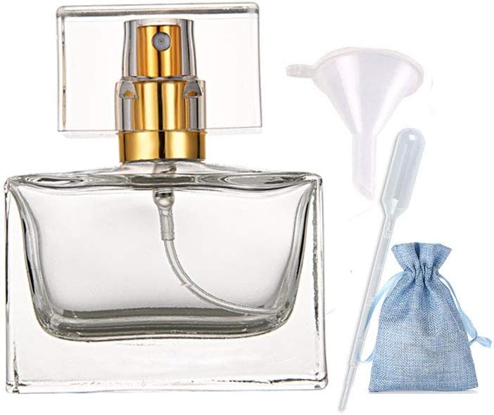 JJKMALL- Luxury 30ml 1OZ Thick Refillable Clear Glass Spray Perfume Bottle Empty Atomizer Bottle Makeup 1pc Free Funnel Filler 1PC Free 3ml Dropper 1pc Free Storage Gift Bag (Golden Spray)