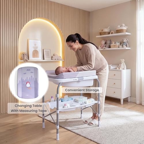 Jikel Ripple Standing Bath and Changing Table,Compact and Easy Folding,Wheeled, Drain Pipe,Parent Organizer,Standalone Bathtub, One-Handing Folding(Grey)