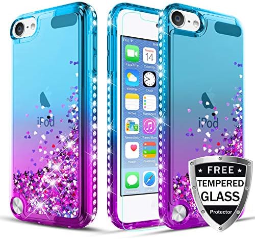 iPod Touch Case 7th/6th/5th Generation TPU Case W[Tempered Glass Screen Protector] Glitter Diamond Cute Hearts Flowing Sparkle Bling Bling Case for Girls/Women-Teal/Purple