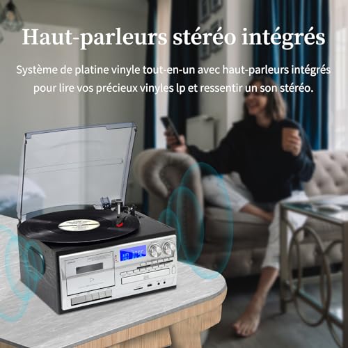 JORLAI 9 in 1 3 Speed Turntable with Remote Control, Bluetooth Vinyl Turntable with Built-in Speakers CD/Cassette Radio AM/FM USB/SD/MMC 3.5mm Aux-in/RCA-Out, Black