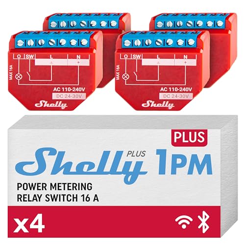 Shelly Plus 1PM | WLAN & Bluetooth Relais Schalter mit Strommessung | Smart Home | Lichtsteuerung | Funktioniert mit Alexa & Google Home | iOS- & Android-App | Kein Hub erforderlich (4 Pack)