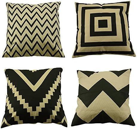 MHB Decorative White and Black Series Geometry Cotton Linen Throw Pillow Covers 18 x18 Inch (Pack of 4 Pieces)