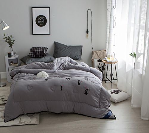 Cotton Solid Comforter, Modern Cat Girl Cross Stitchwork, Lace Edge