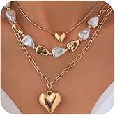 Baroque Pearls Heart Layered Statement Necklaces for Women Chunky Geometric Love Beaded Layering Choker Necklace Trendy Stack Puffy Hearts Jewelry