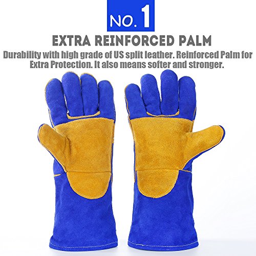 QeeLink Welding Gloves - Heat Resistant & Wear Resistant Lined Leather Fireproof Stitching Tig/Mig Welders/Fireplace/BBQ/Gardening/Grilling/Stove (16-inch, Blue)