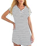 ZANZEA Women Cotton Striped Round Neck Short Sleeve Tee Shirts Mini Dress