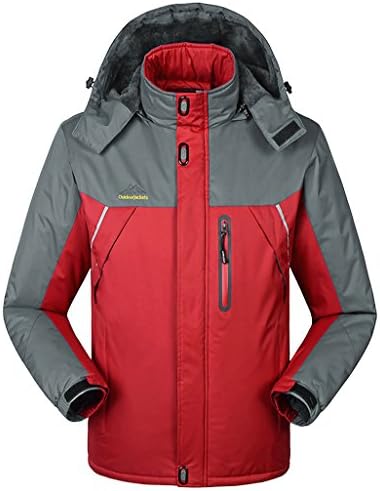 Men Classic Windproof Outdoor Hooded Track Jackets Ski Climbing Hiking Fleece Outwear Bright red 5XL