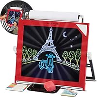 FAO Schwarz 2-Sided 3-in-1 Easel Set with LED Lights and Dry Erase Board, Chalkboard, and Paper Roll, 5 1/2" x11" x 9 1/2"/4 lb., Red/ Black, Pack of 1