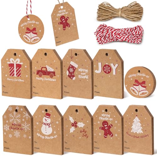 Blisstime 100PCS Christmas Gift Tags with String Twine for Gift Wrapping, Brown Kraft Gift Tags for Christmas Presents, Snowflake Snowman Holiday Gift Tags Christmas (christmas tags 100pcs)