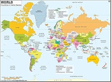 Mapa del mundo con nombres de países en nativo – LAMINADO (36 cm W x 66