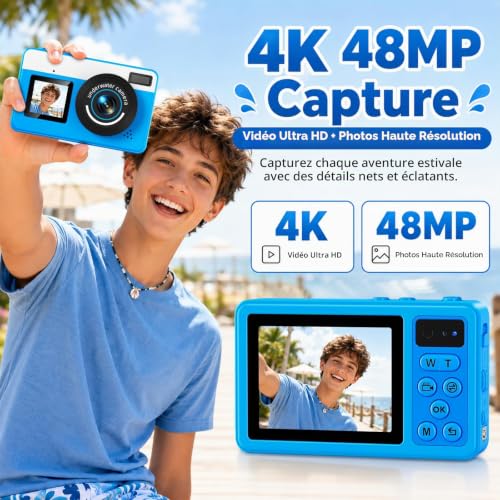 Maxmango D70 Waterproof Digital Camera 4K 48MP Underwater Camera 10FT for Swimming Pool Beach, Dual Screen 18X Autofocus Zoom, Floating Camera Gift for Teens and Beginners, 16GB, Blue