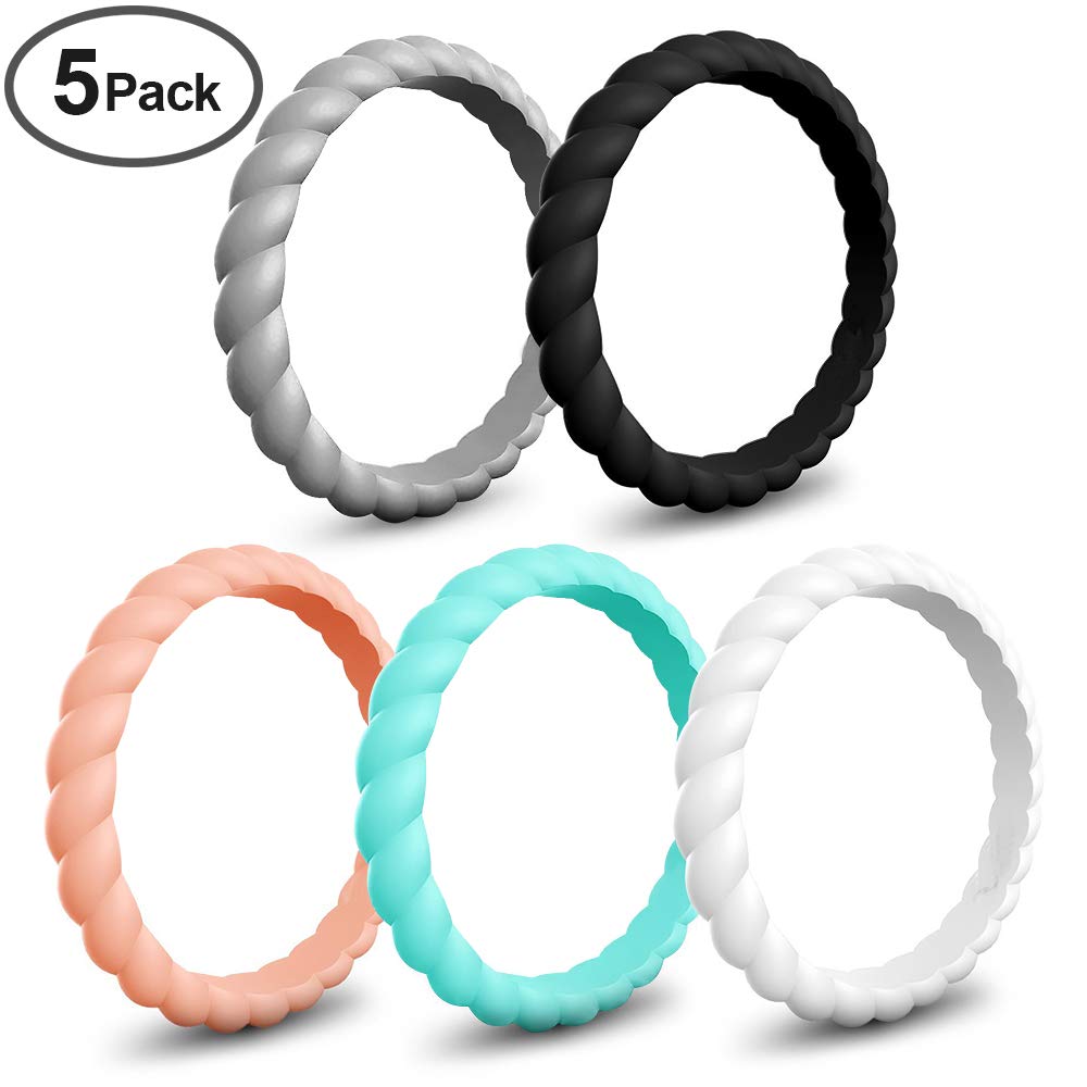CLAN-X Silicone Wedding Rings, 8 Pack Comfortable Stackable Single Thin Rubber Bands 2.7mm Width, for Anniversary, Valentines &Birthday (Pink/Black/White/Mint Green/Silver, 5)