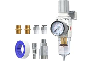 AIRZOE 1/4"NPT Air Filter Regulator Combo Piggyback,5 Micron Brass Element, Semi-Auto Drain,Air Pressure Regulator AW2000-02,0-150 psi Gauge