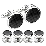 JOVIVI Men's Classic Cufflinks and Studs Set for Tuxedo Shirts Wedding, Stainless Steel Carbon Fiber Silver Black Color w/Box