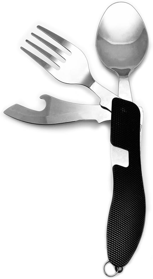 Travel Cutlery, Stainless Steel 5 in 1 Folding Camping Sets, Detachable Tableware Cookware Portable Combination Fork Knife Spoon Bottle Opener and Key Ring (Black)