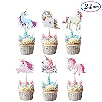 24Pcs Rainbow Unicorn Cupcake Toppers, Cupcake Picks Cake Decorations, Birthday Baby Shower Party Supplies