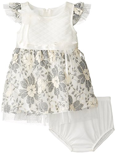 Baby-Girls 3M-24M Ivory Grey Quilted Floral Lace Overlay Dress (3-6 Months, Ivory)