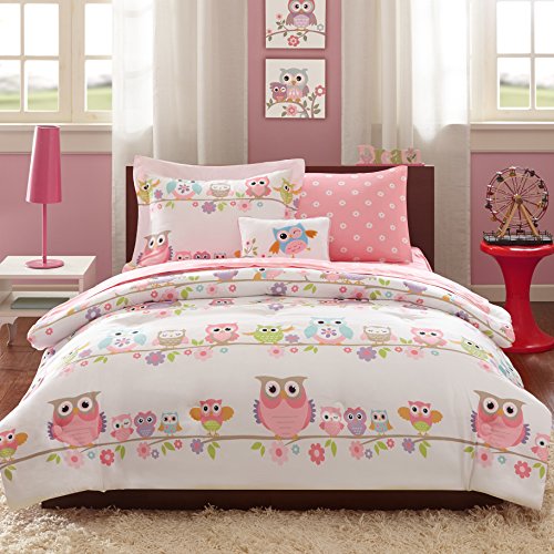 Loraine Kids Colorful Wildlife Owls and Pink Blossoming Flowers Bedding Twin Comforter for Girls (6 Pieces in a Bag)