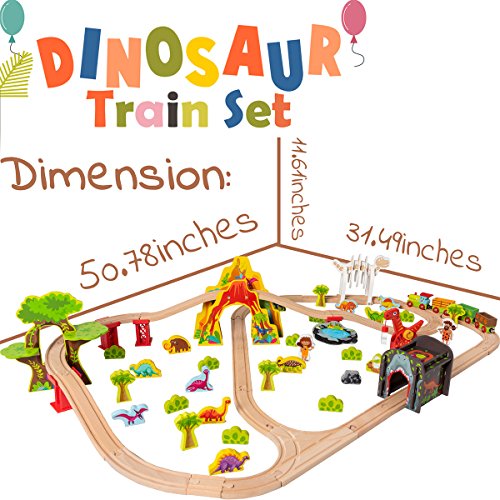 COSSY Dinosaur Theme Wooden Train Set - 81 pcs Railway Tracks & Accessories, Magnetic Trains Cars for Toddlers & Older Kids (Large)