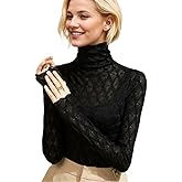Women's Sexy Autumn Slim Fitting Long Sleeved Turtleneck Pullover Bottom Shirt Mesh Lace Perspectives T-Shirt Top.