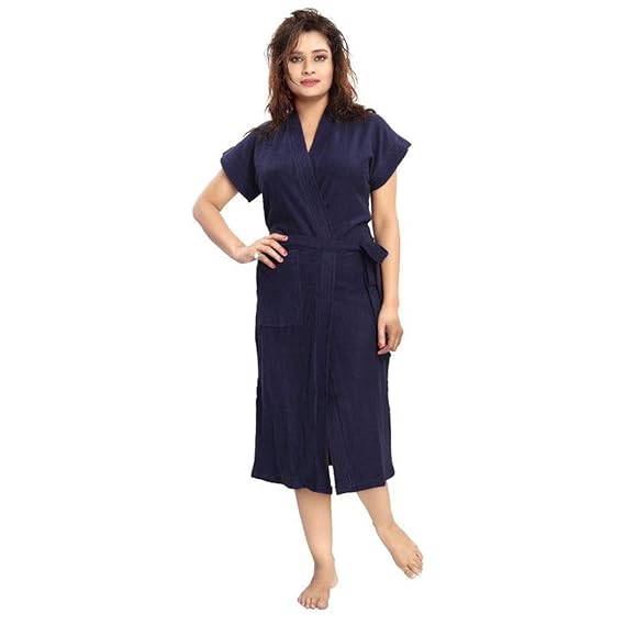 Poorak Cotton Half Sleeves Bathrobe For Women - Free Size -Blue