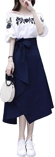 Amazon ワンピース セットアップ レディース 春 夏 ワンピ 2点セット リボン付き スカート カジュアル 5分袖 トップス ハイウエスト ロングスカート ストライプ おしゃれ 着痩せ 通勤 オフィス フォーマル アブロンダ Abronda ワンピース チュニック 通販