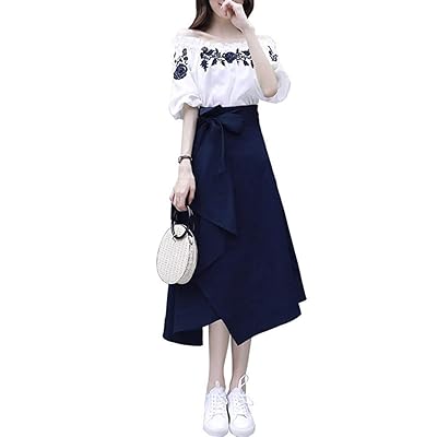 Buy ワンピース セットアップ レディース 春 夏 ワンピ 2点セット リボン付き スカート カジュアル 5分袖 トップス ハイウエスト ロングスカート ストライプ おしゃれ 着痩せ 通勤 オフィス フォーマル アブロンダ Abronda Online In Jordan B07v323qns