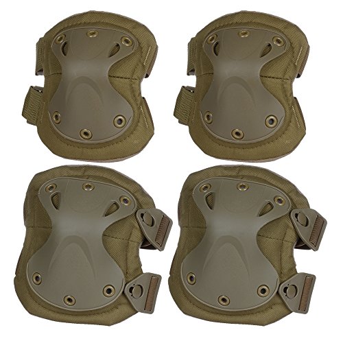 Flexzion Airsoft Knee Elbow Protective Pads Set (Tan) 4 Pack Tactical Combat Paintall Skate Outdoor Sports Safety Guard Gear Equipment with Adjustable Straps Quick Release