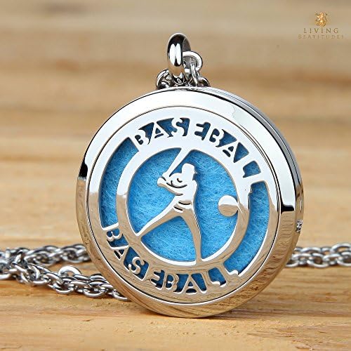 Aromatherapy Essential Oil Diffuser Baseball Necklace with 20" &amp; 24" Chains and Multi-Colored Oil Pads. Use with Lavender, Peppermint, Eucalyptus, Orange, and more oils. (Baseball)