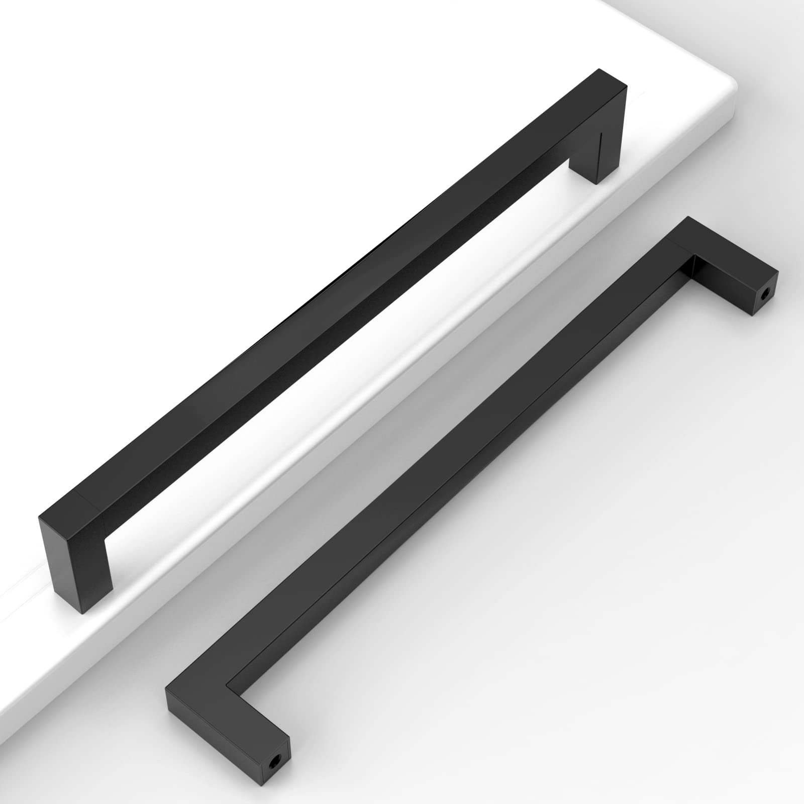 Amerdeco 10 Pack Matte Black Cabinet Pulls 8.8 Inch(224mm) Hole Centers Kitchen Cabinet Handles Cabinet Hardware Cupboard Handles Square Drawer Pulls
