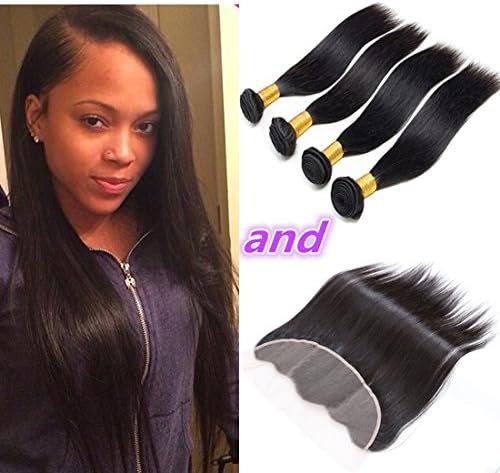 CCOLLEGE 8A Brazilian Virgin Human Hair 4 Bundles With (13 x 4) Lace Frontal Straight Wave Weft 100% Real Human Hair Extensions Natural Color (12 14 16 18 + 10)