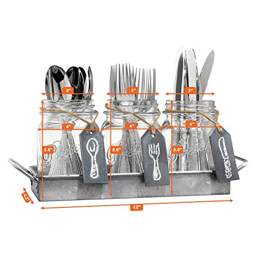 Flatware Caddy Organizer Cutlery Holder - 3 Glass Mason Jars in Galvanized Tray with Handles & Chalk-Tags | Utensil Farmhouse Silverware Caddy For Table | Ideal For Kitchen Countertop, Party, Dining,