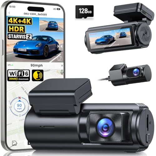 GKU 4K+4K Dash Cam Front and Rear, STARVIS 2 Sensor, 5.8GHz WiFi 6 Up to 20MB/s Download, HDR Night Vision, Dash Camera for Cars with GPS, Voice Control, 24/7 Parking Mode, 128GB Card Included