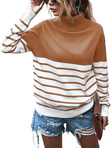 KIRUNDO 2020 Women’s Turtleneck Knitted Sweater Long Sleeves Stripe Color Block Patchwork Loose Ribbed Pullover Jumper Tops