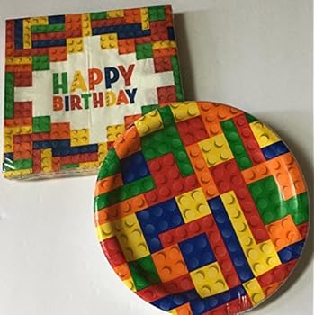 Block Party Supplies for 20 -- Block Party 7 inch dessert plates (20) and 12 inch Napkins (20) (Bundle of 2 items) Total 40 pieces