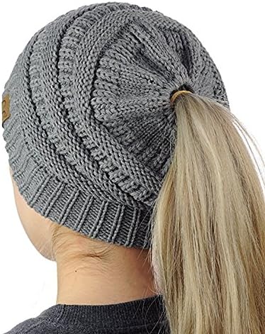 Womens Beanie Tail Ponytail Winter Warm Stretch Cable Messy High Bun Knit Hat