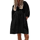 chouyatou Women's Summer Puff Sleeve Cotton Tunic Dress V-Neck Mini Vacation Babydoll Dress