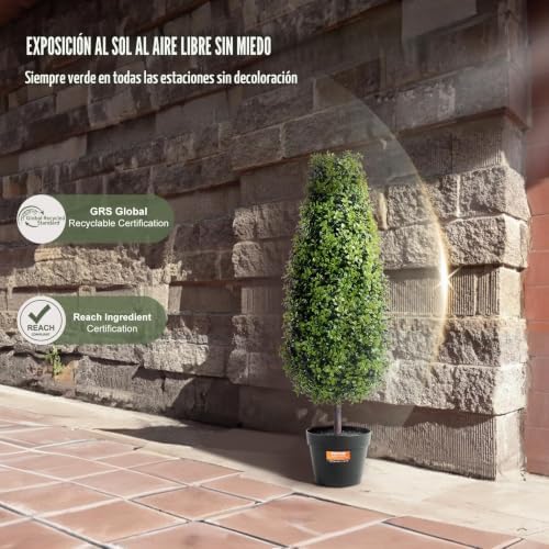 Árbol Topiario Artificial de Boj, 2 Piezas, Planta Verde Artificial con Hojas Adicionales, Maceta y Pequeña Decoración, con Clasificación UV para Decoración del Hogar, 300 x 300 x 920 mm, PE
