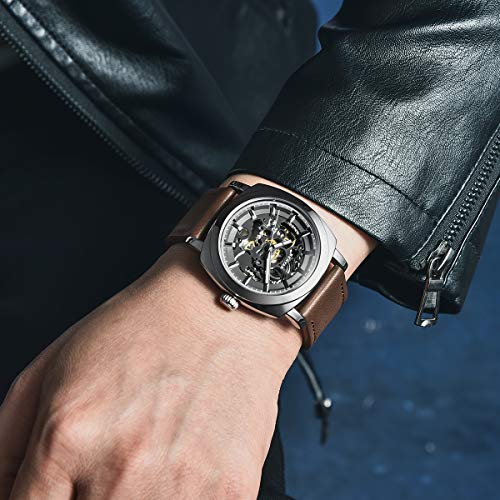 BENYAR - Men's Automatic Mechanical Watch - Leather Strap - Gold Movement - 45mm Skeleton Dial - Water Resistant and Scratch Resistant - Stylish Gift for Men
