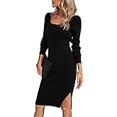 AOMEXAGA Women's Bodycon Ribbed Knit Sweater Dress Fall Winter Casual Square Neck Long Sleeve Side Slit Classy Midi Dresses