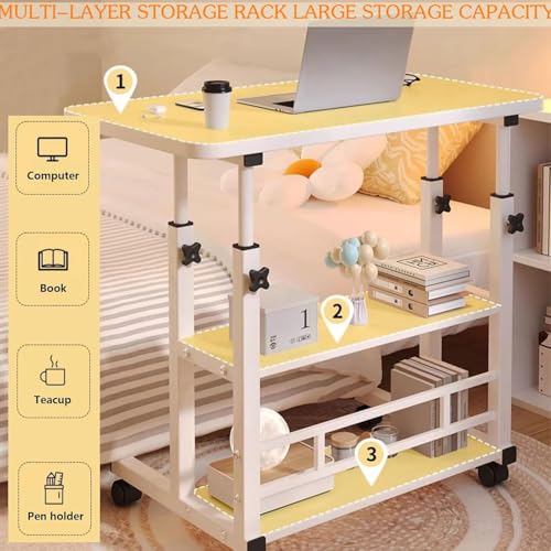 Beauenty Home Office Desk,Computer Desk,Height Adjustable Laptop Table,Portable Small Computer Desk with Rolling Wheel,Modern Side Table for Home Office,Study,Reading(White, 80 * 40 * 60-90cm)