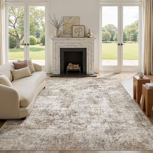 9x12 Area Rugs for Living Room: Washable Large Neutral Abstract Rug Soft Non Slip Stain Resistant Low Pile Indoor Carpet for Bedroom Dining Room Nursery Office Playroom - Brown Grey