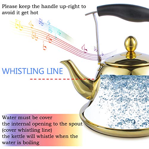 Whistling Tea Kettle with Infuser for Loose Leaf Tea Stainless Steel Modern Whistle Teapot Teakettle Stovetop Induction Gas Stove Top Tea Maker Water Pot Gold 2 Quart/Liter - Thumbnail 6