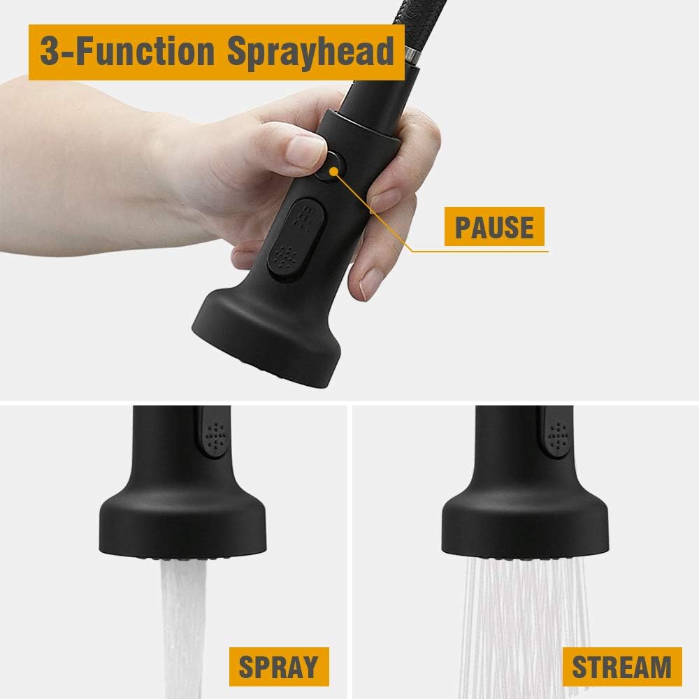 BESy Commercial Kitchen Faucet with Pull Down Sprayer, High-Arc Single Handle Single Lever Spring Rv Kitchen Sink Faucet with Pull Out Sprayer, 3 Function Laundry Faucet, Matte Black - - 